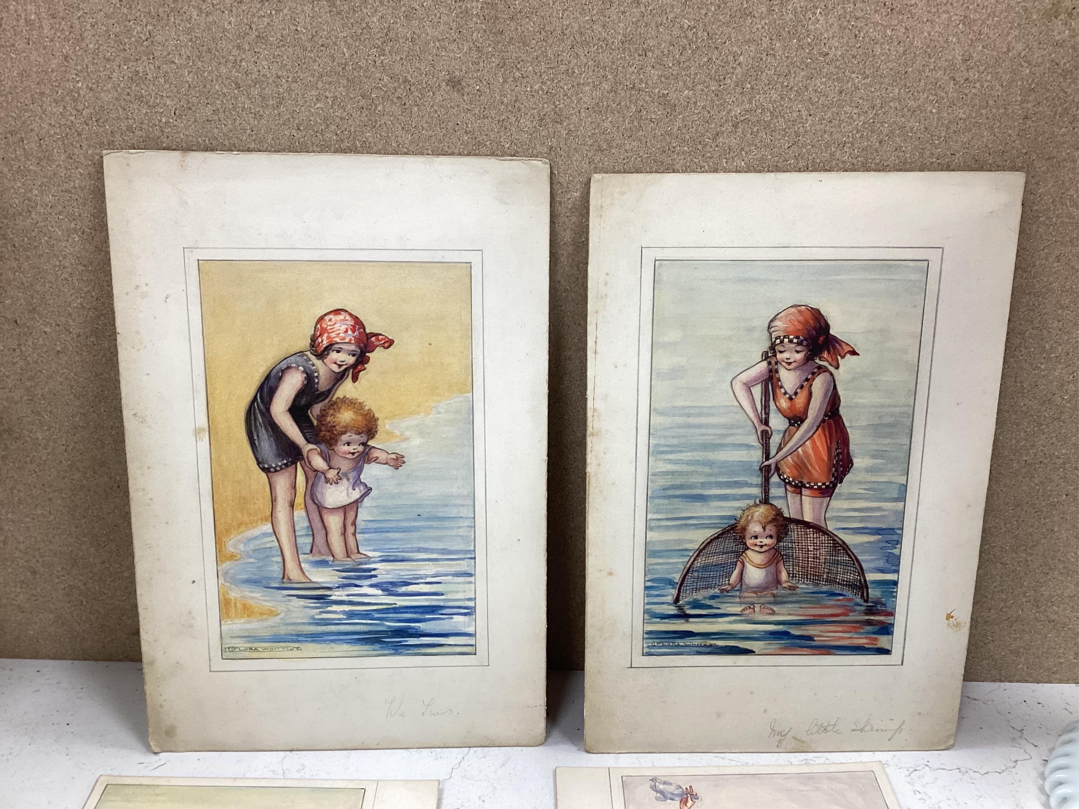 Flora White (1878-1953), a set of six original watercolours for children's postcard designs, Seaside Days, each signed, 25 x 17cm